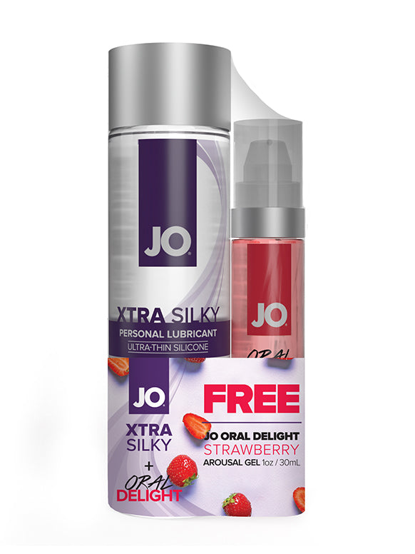 JO Xtra Silky Silicone 4 floz 120 mL + GWP JO Oral Delight - Strawberry 1 floz 30 mL – Rechargeable, Discreet, Intimate Wellness Accessory – Quiet, Rechargeable, Waterproof, Couples & Solo Use, Discreet Intimate Wellness Accessory