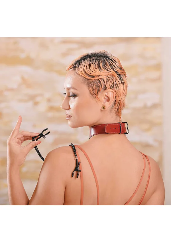 Saffron Collar with Nipple Clamps. – Rechargeable, Discreet, Intimate Wellness Accessory – Quiet, Rechargeable, Waterproof, Couples & Solo Use, Discreet Intimate Wellness Accessory