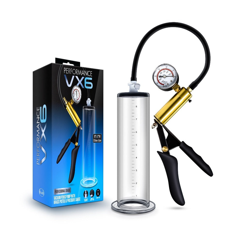 VX6 Vacuum Pump w Brass Pistol/Gauge-Clr – Rechargeable, Discreet, Intimate Wellness Accessory – Quiet, Rechargeable, Waterproof, Couples & Solo Use, Discreet Intimate Wellness Accessory