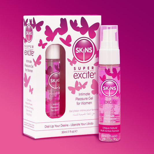 Skins Super Excite Clitoral Gel 1oz/30ml – Rechargeable, Discreet, Intimate Wellness Accessory – Quiet, Rechargeable, Waterproof, Couples & Solo Use, Discreet Intimate Wellness Accessory