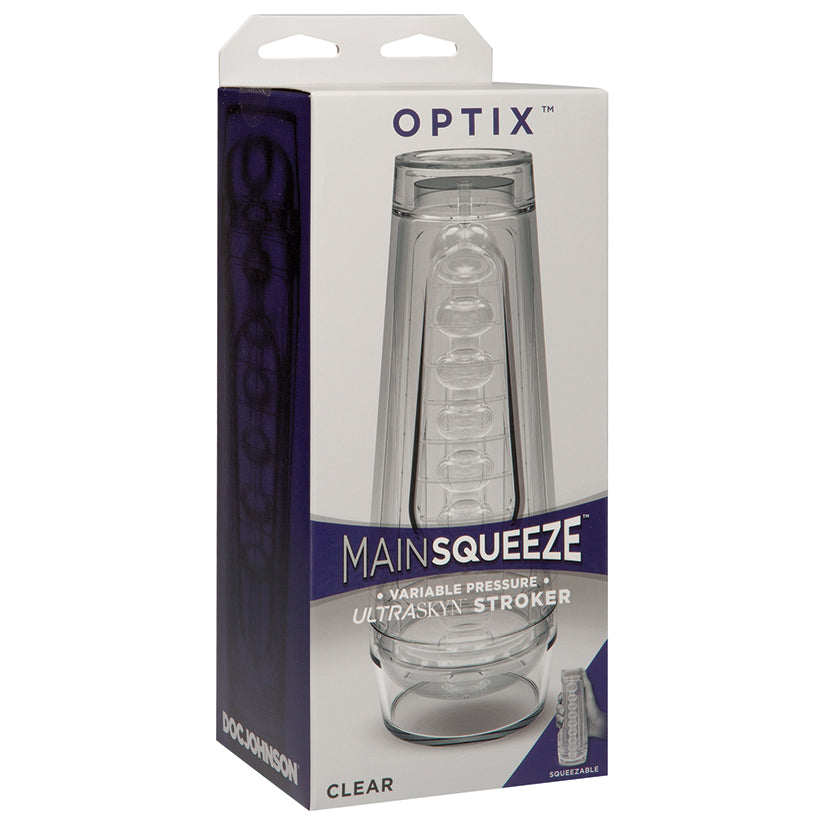 JohnsonÕs Main Squeeze line of variable-pressure hard case masturbators and<br>features a unique completely transparent design that leaves nothing to the<br>imagination. Each part of Optixª including the case