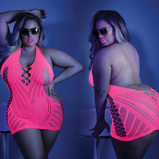 Fantasy Lingerie Glow Shock Value Halter Dress-Neon Pink Queen-Boxed.