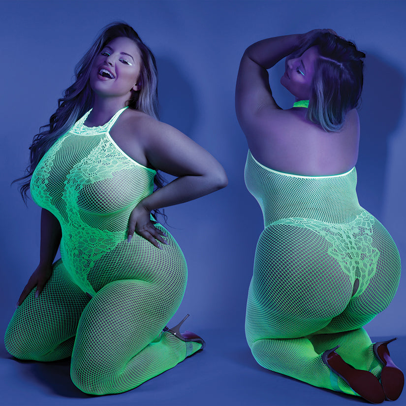 Fantasy Lingerie Glow Moonbeam Crotchless Bodystocking-Neon Green Queen-Boxed.