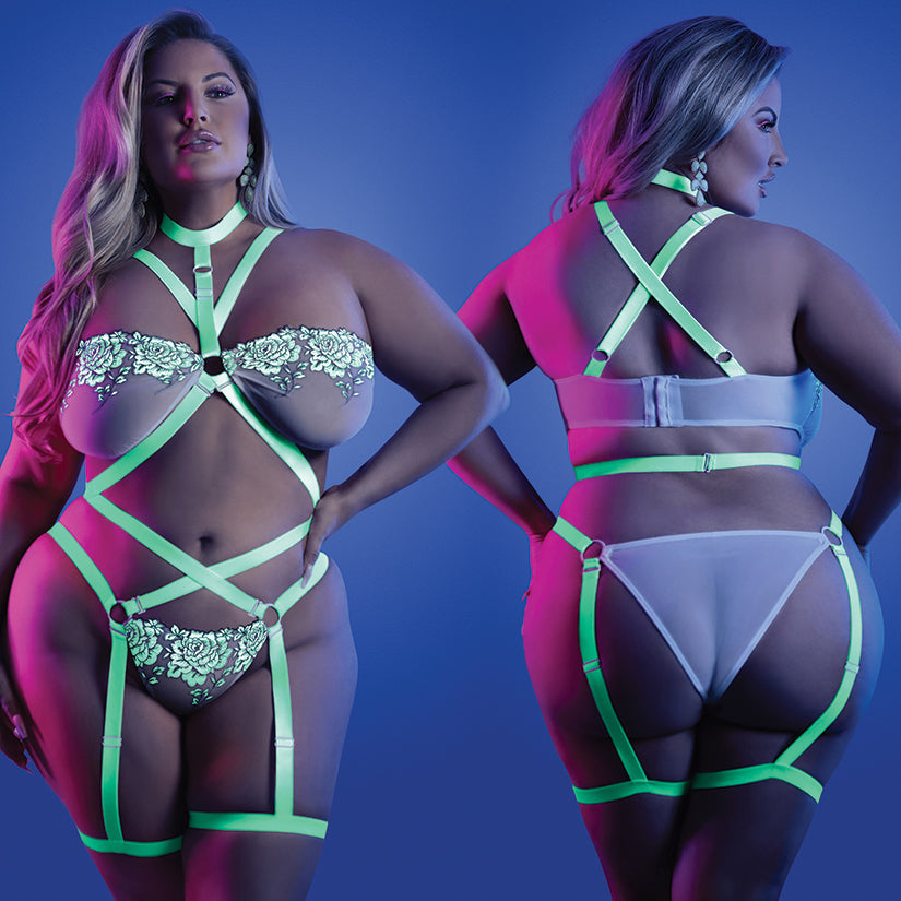 Fantasy Lingerie Glow Night Vision Strappy Teddy-Neon Green QUEEN-Boxed.