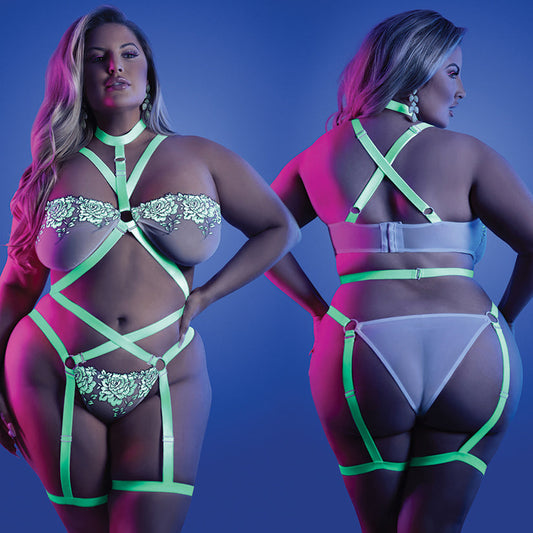 Fantasy Lingerie Glow Night Vision Strappy Teddy-Neon Green QUEEN-Boxed.