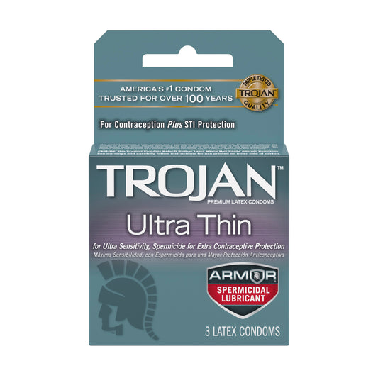 Trojan Ultra Thin Armor Spermicidal Condoms - 3 Pack – Rechargeable, Discreet, Intimate Wellness Accessory – Quiet, Rechargeable, Waterproof, Couples & Solo Use, Discreet Intimate Wellness Accessory