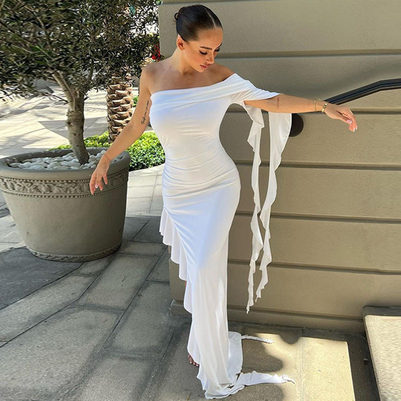 intimacy One-shoulder Pleated Solid Color Dress – Rechargeable, Discreet, Intimate Wellness Accessory – Quiet, Rechargeable, Waterproof, Couples & Solo Use, Discreet Intimate Wellness Accessory