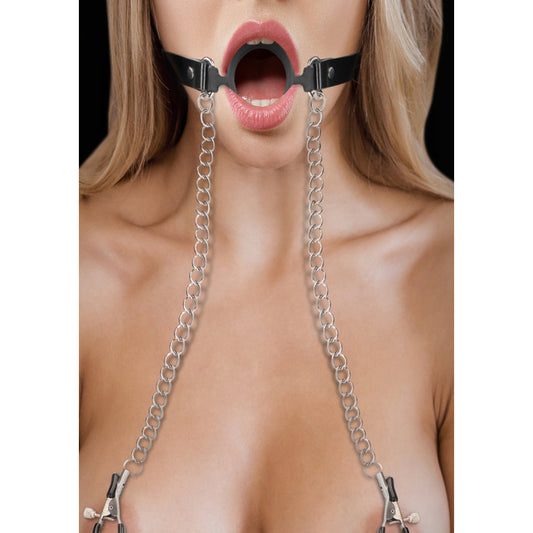 Ouch O-Ring Gag w Nipple Clamps - Black* – Rechargeable, Discreet, Intimate Wellness Accessory – Quiet, Rechargeable, Waterproof, Couples & Solo Use, Discreet Intimate Wellness Accessory