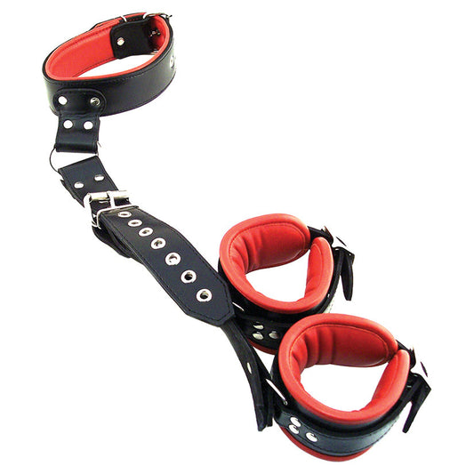 Rouge Group Leather Neck to Wrist Restraint with Padded Cuffs-Black/Red.