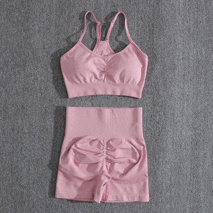 Solid Women Two Piece Sets Peach Buttocks Shorts Female Trackuists Gym Set Halter Fitness Shorts Push Up Bra Summer [BRA]