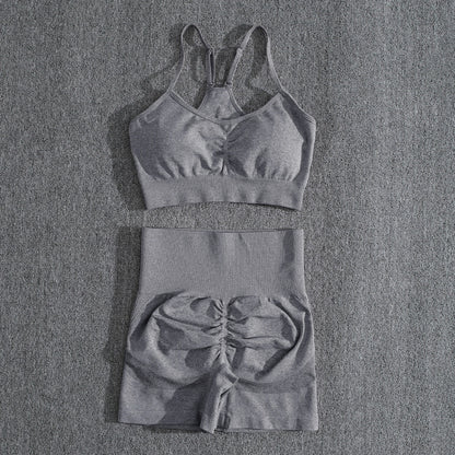 Solid Women Two Piece Sets Peach Buttocks Shorts Female Trackuists Gym Set Halter Fitness Shorts Push Up Bra Summer [BRA]