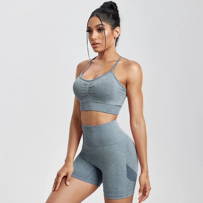 Solid Women Two Piece Sets Peach Buttocks Shorts Female Trackuists Gym Set Halter Fitness Shorts Push Up Bra Summer [BRA]