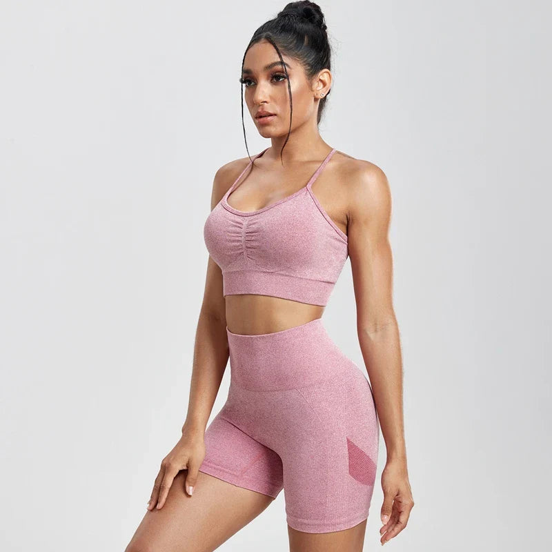 Solid Women Two Piece Sets Peach Buttocks Shorts Female Trackuists Gym Set Halter Fitness Shorts Push Up Bra Summer [BRA]