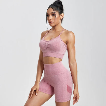 Solid Women Two Piece Sets Peach Buttocks Shorts Female Trackuists Gym Set Halter Fitness Shorts Push Up Bra Summer [BRA]