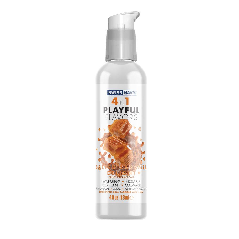4in1 Playful Flavors -Salted Caramel 4oz – Rechargeable, Discreet, Intimate Wellness Accessory – Quiet, Rechargeable, Waterproof, Couples & Solo Use, Discreet Intimate Wellness Accessory