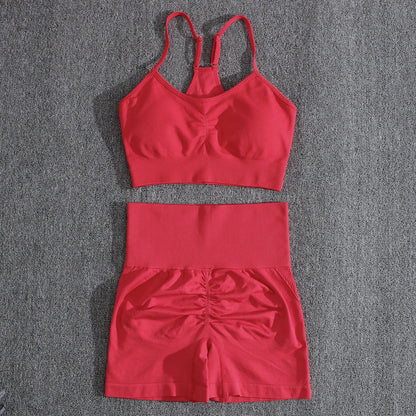 Solid Women Two Piece Sets Peach Buttocks Shorts Female Trackuists Gym Set Halter Fitness Shorts Push Up Bra Summer [BRA]