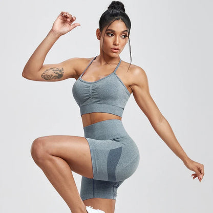 Solid Women Two Piece Sets Peach Buttocks Shorts Female Trackuists Gym Set Halter Fitness Shorts Push Up Bra Summer [BRA]