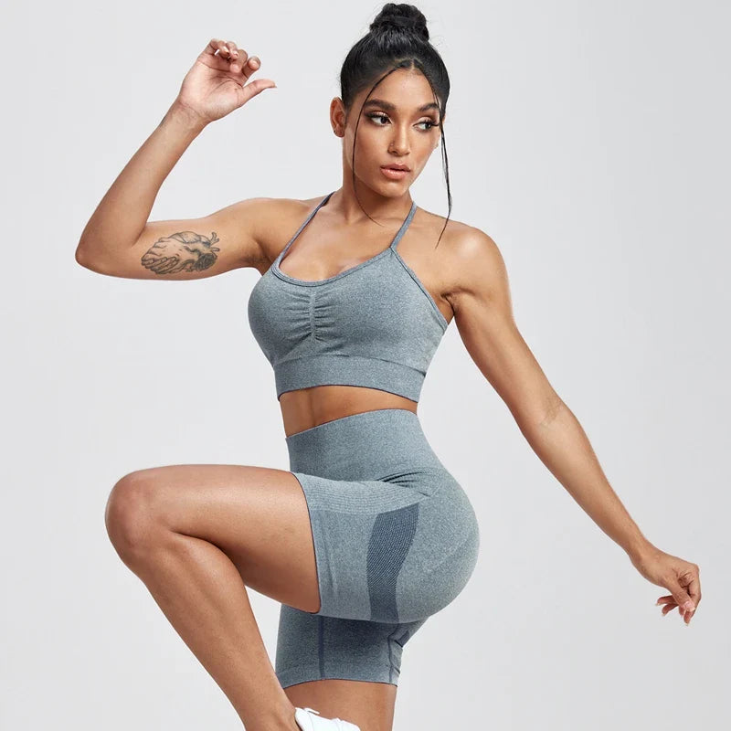 Solid Women Two Piece Sets Peach Buttocks Shorts Female Trackuists Gym Set Halter Fitness Shorts Push Up Bra Summer [BRA]