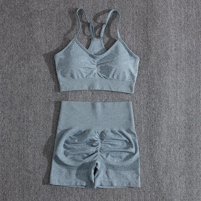 Solid Women Two Piece Sets Peach Buttocks Shorts Female Trackuists Gym Set Halter Fitness Shorts Push Up Bra Summer [BRA]
