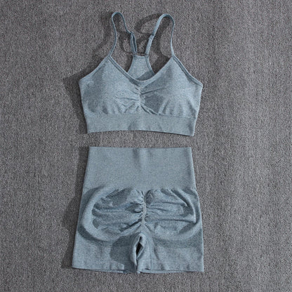 Solid Women Two Piece Sets Peach Buttocks Shorts Female Trackuists Gym Set Halter Fitness Shorts Push Up Bra Summer [BRA]
