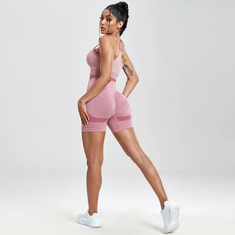 Solid Women Two Piece Sets Peach Buttocks Shorts Female Trackuists Gym Set Halter Fitness Shorts Push Up Bra Summer [BRA]
