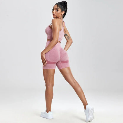 Solid Women Two Piece Sets Peach Buttocks Shorts Female Trackuists Gym Set Halter Fitness Shorts Push Up Bra Summer [BRA]