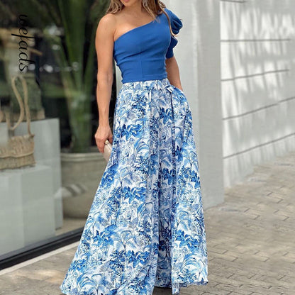 Sexy One-Shoulder Puff-Sleeve Top Printed Pant Two-Piece Sets  High