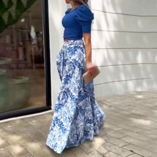 Sexy One-Shoulder Puff-Sleeve Top Printed Pant Two-Piece Sets  High