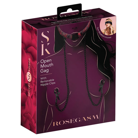 Secret Kisses Rosegasm Open Mouth Gag with Removeable Nipple Clips.