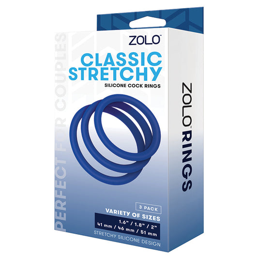 Zolo Stretchy Silicone Cock Ring Pack of 3-Blue.