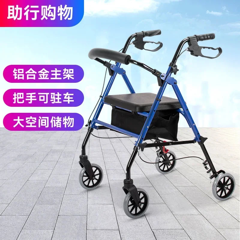 Multifunctional walker for elderly, four-wheel rollator with seat, adult pushcart mobility aid, senior walking support