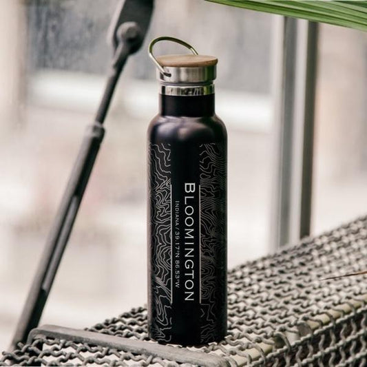 Bloomington - Indiana Map Bottle with Bamboo Top in Matte Black