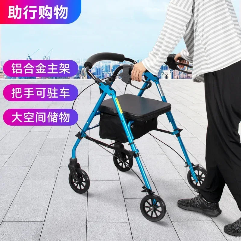 Multifunctional walker for elderly, four-wheel rollator with seat, adult pushcart mobility aid, senior walking support