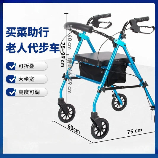 Multifunctional walker for elderly, four-wheel rollator with seat, adult pushcart mobility aid, senior walking support