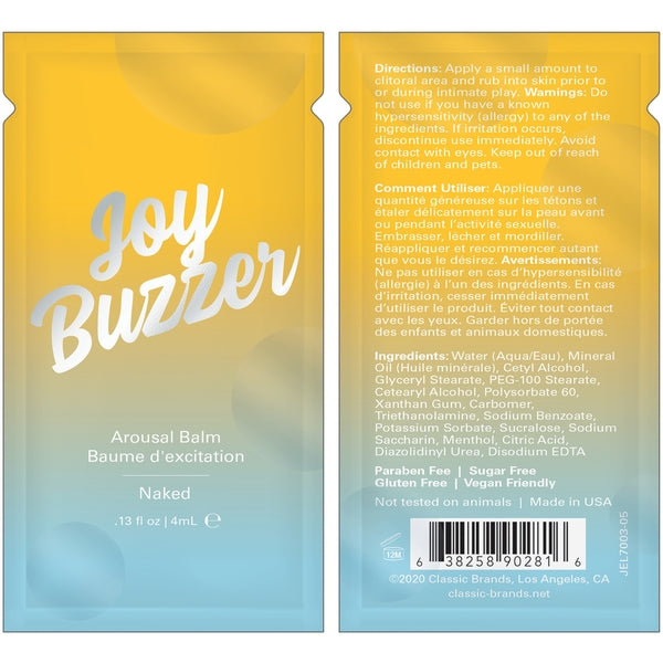 JOY BUZZER FLAVOR FREE AROUSAL BALM NAKED - FOIL - 0.13 floz | 4 mL – Rechargeable, Discreet, Intimate Wellness Accessory – Quiet, Rechargeable, Waterproof, Couples & Solo Use, Discreet Intimate Wellness Accessory