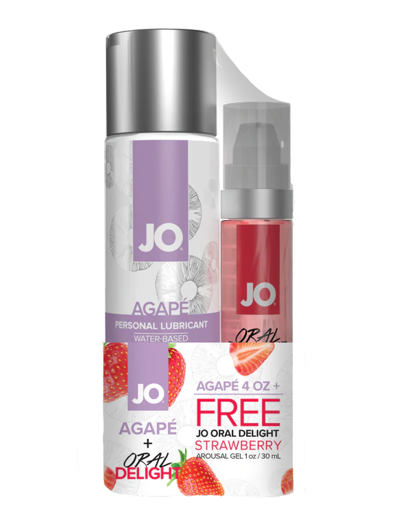 JO Agape 4oz + GWP JO Oral Delight Strawberry Arousal Gel 1oz – Rechargeable, Discreet, Intimate Wellness Accessory – Quiet, Rechargeable, Waterproof, Couples & Solo Use, Discreet Intimate Wellness Accessory