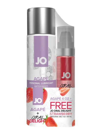 JO Agape 4oz + GWP JO Oral Delight Strawberry Arousal Gel 1oz – Rechargeable, Discreet, Intimate Wellness Accessory – Quiet, Rechargeable, Waterproof, Couples & Solo Use, Discreet Intimate Wellness Accessory