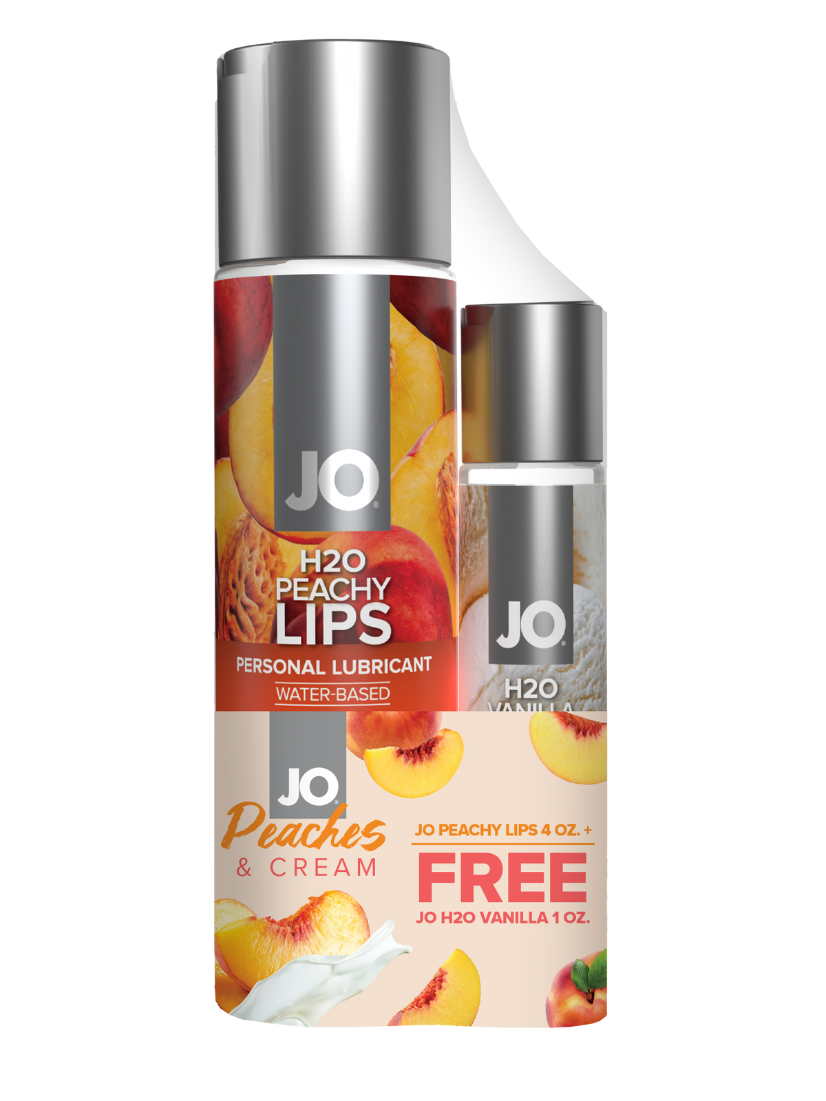 JO Peaches & Cream - JO Peachy Lips 4 fl.oz. + GWP JO H2O Vanilla 1 fl.oz – Rechargeable, Discreet, Intimate Wellness Accessory – Quiet, Rechargeable, Waterproof, Couples & Solo Use, Discreet Intimate Wellness Accessory